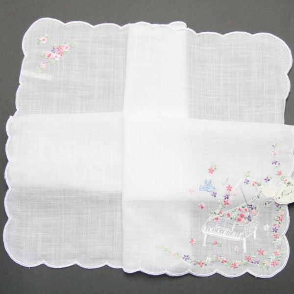 ポワンポワン ベトナム手刺繍ハンカチ 青い鳥と音楽 2213 ホワイト