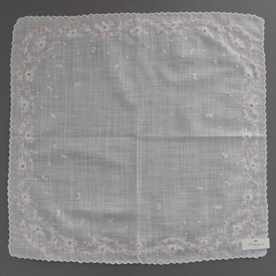 ポワンポワン ベトナム手刺繍 ハンカチ 花かざり 4203 : ハンカチーフ