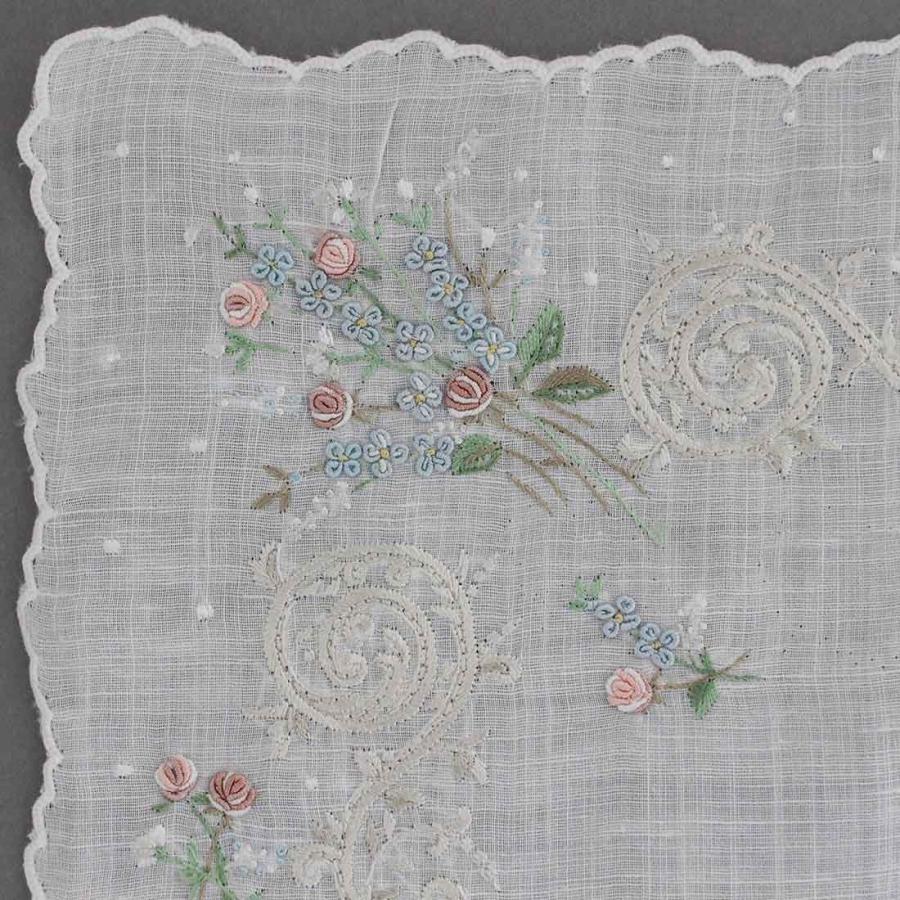 ポワンポワン ベトナム手刺繍 ハンカチ 花スカラヘム : ハンカチーフ