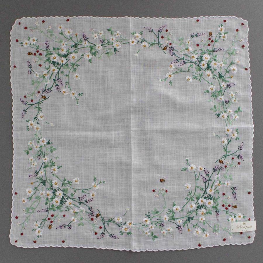 【未使用】和光 草花の手刺繍 ハンカチ ベトナム製 送料無料】ベトナム手刺繍ハンカチ 花 5213 ホワイト | レディース