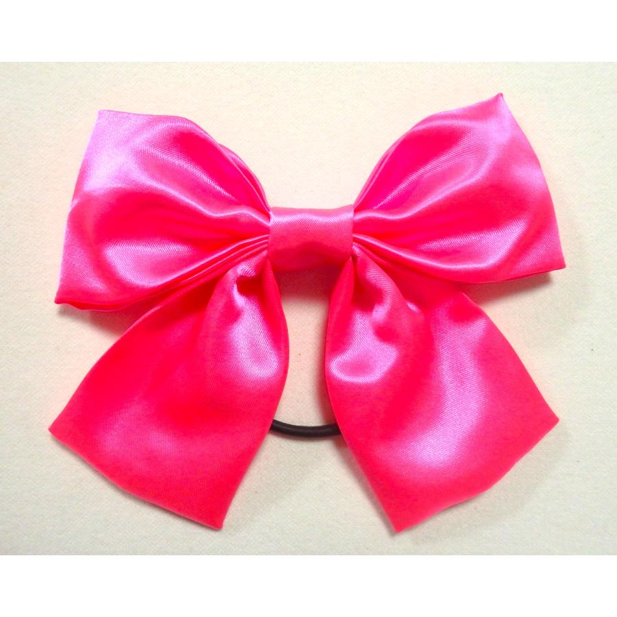 リボン ヘアゴム 蛍光ピンク ショッキングピンク サテン 大きめ 発表会