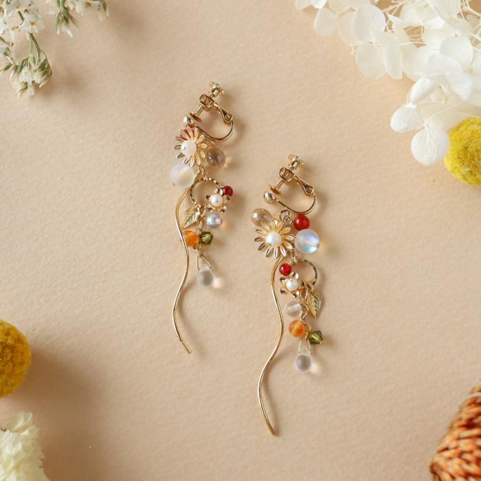 ピアス イヤリング 天然石 クリスタル ガラス ハンドメイド ビーズ 秋 