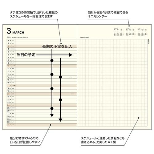 【2024年3月始まり】　ラコニック（LACONIC）　仕事計画　ハードカバー　A5　マンスリー　レフト　LMLM04−220RD　レッド　月曜始まり｜hands-net｜04