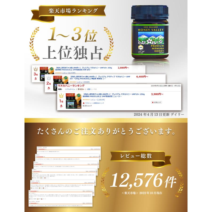 マヌカハニー UMF15+ 残留農薬検査済み 無農薬 無添加 非加熱 MGO512以上 プレミアム はちみつ マヌカ 蜂蜜 ハニーバレー 250g×2個 | ハニーバレー | 08