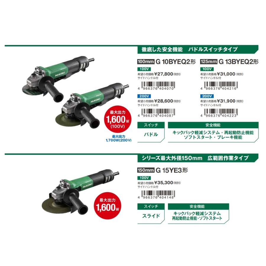 HiKOKI 工機 電子ディスクグラインダ 100mm径 G10BYEQ2 パドル HiKOKI 工機 電子ディスクグラインダ 100mm径 G10BYEQ2 パドル