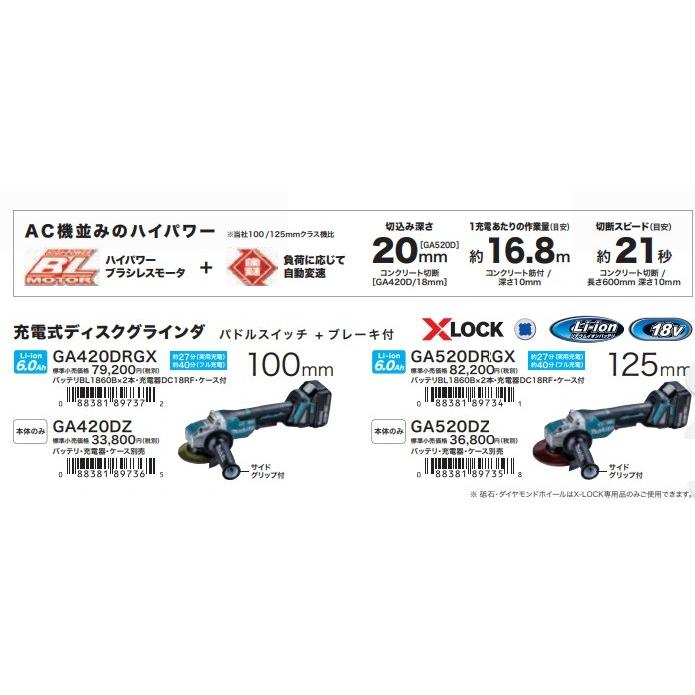 makita マキタ  18V　100mm充電式ディスクグラインダ（パドルスイッチ＋ブレーキ付）GA420DRGX　6.0Ah電池2個＋充電器＋ケース付｜handskotera｜06