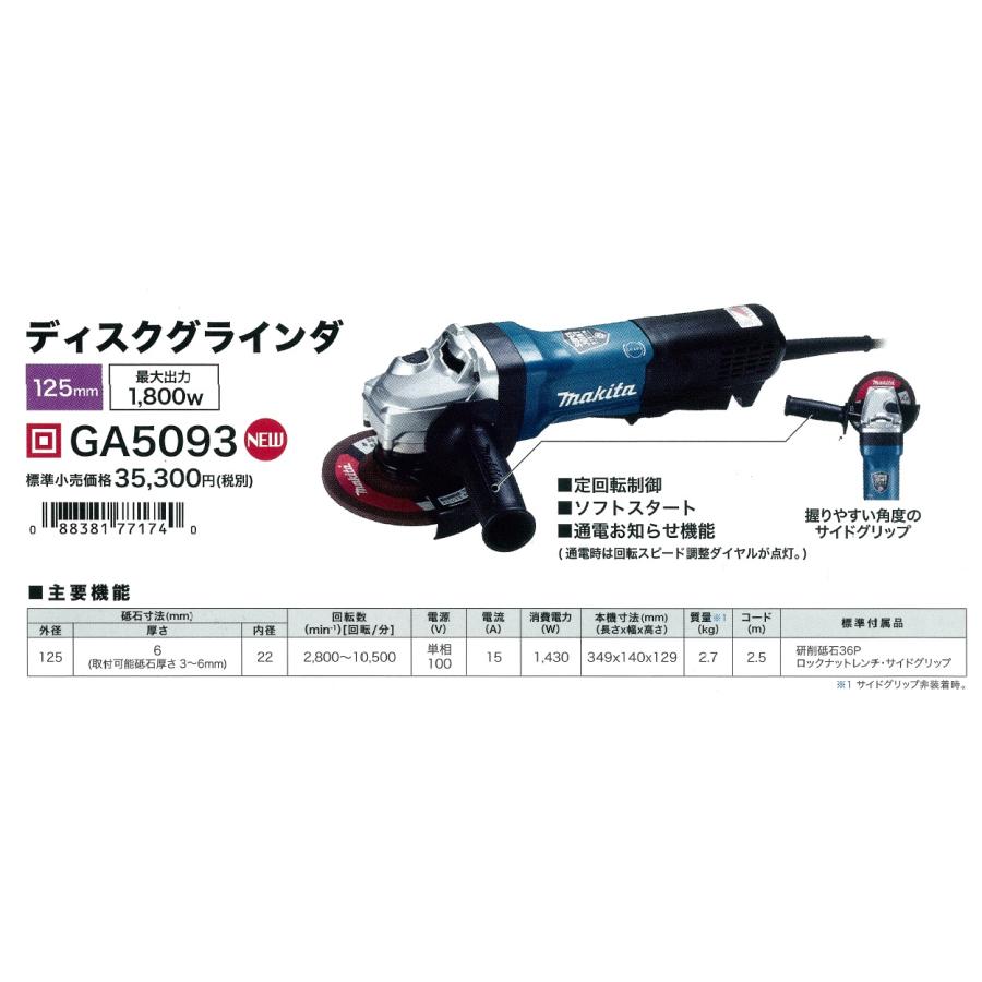 マキタ makita 125mm電気ディスクグラインダ(パドルスイッチ+ マキタ makita 125mm電気ディスクグラインダ(パドルスイッチ+