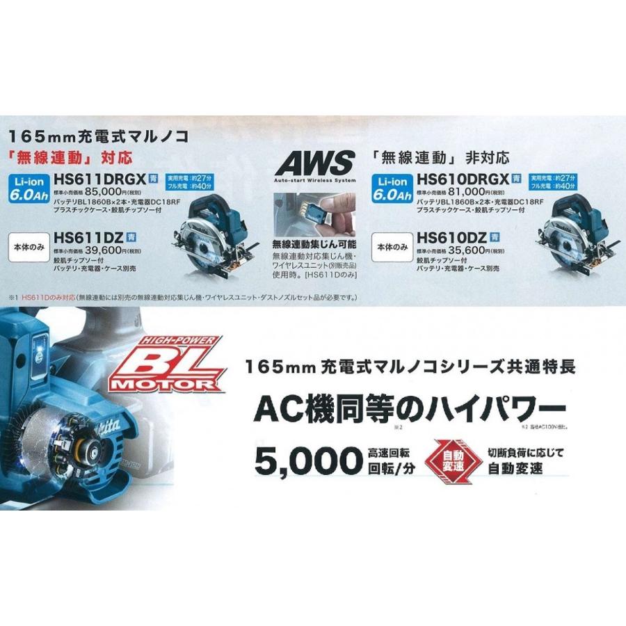 マキタ makita 18V 165mm充電式丸のこ HS611DZ 本体のみ 無線 マキタ makita 18V 165mm充電式丸のこ HS611DZ 本体のみ 無線