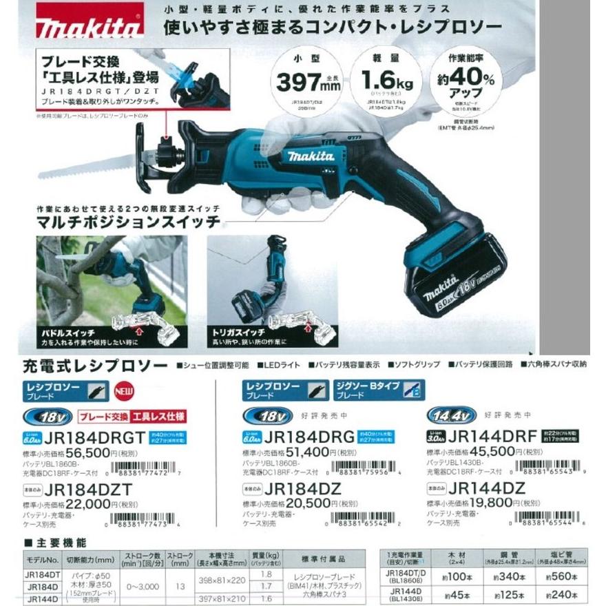 マキタ makita 18V 充電式レシプロソー[工具レス仕様] 397mm
