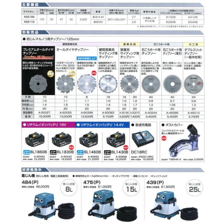 マキタ makita 18V 125mm充電式防じん丸のこ KS511DZ 本体のみ マキタ makita 18V 125mm充電式防じん丸のこ KS511DZ 本体のみ