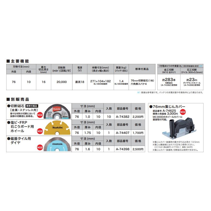 マキタ makita 76mm充電式コンパクトカッタ MC300DZ 本体のみ マキタ makita 76mm充電式コンパクトカッタ MC300DZ 本体のみ