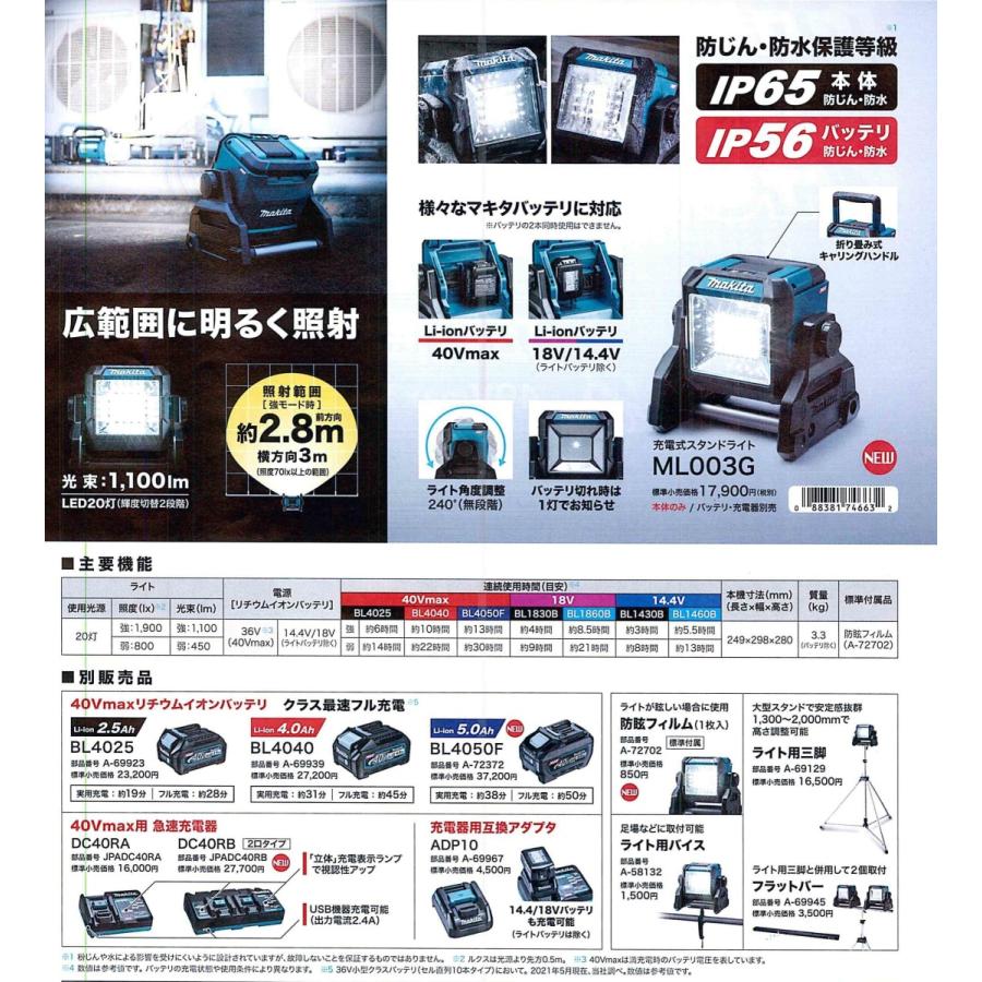マキタ（makita） 40Vmax/14.4V/18V 充電式LEDスタンドライト ML003G
