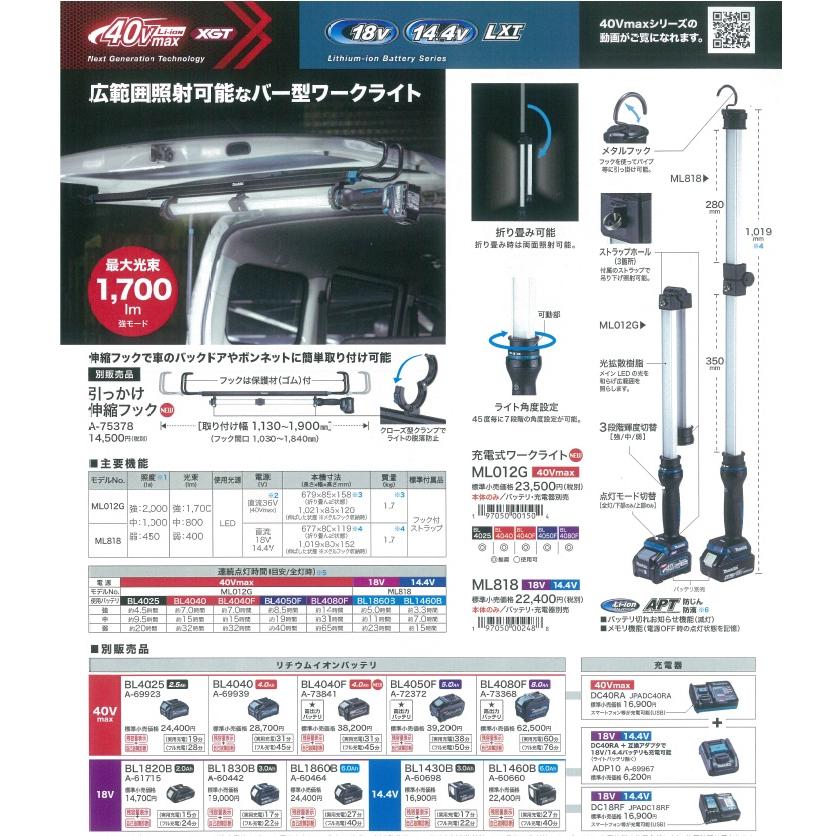 マキタ makita 40Vmax充電式ワークライト ML012G 本体のみ マキタ makita 40Vmax充電式ワークライト ML012G 本体のみ