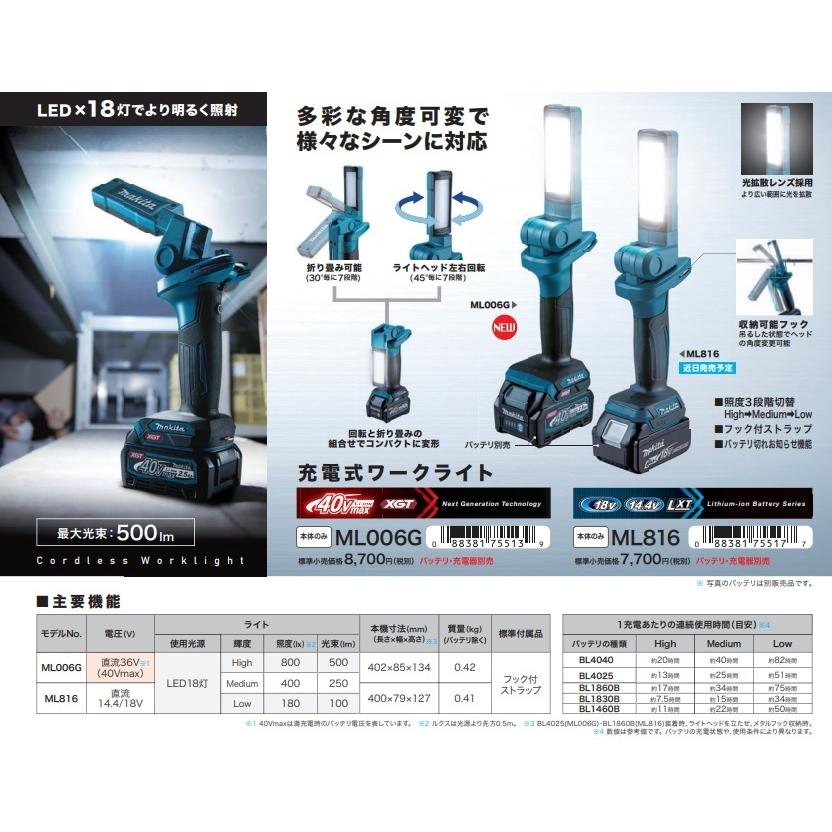 Makita - マキタ 18V/14.4V充電式ワークライトML816(バッテリー・充電器別売) マキタ makita 18V/14.4V 充電式ワークライト ML816 本体のみ