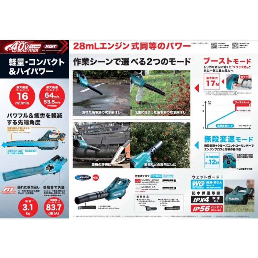 在庫あり　makita  マキタ 40Vmax充電式ブロワ  MUB001GZ  本体のみ  ※バッテリ・充電器別売｜handskotera｜03