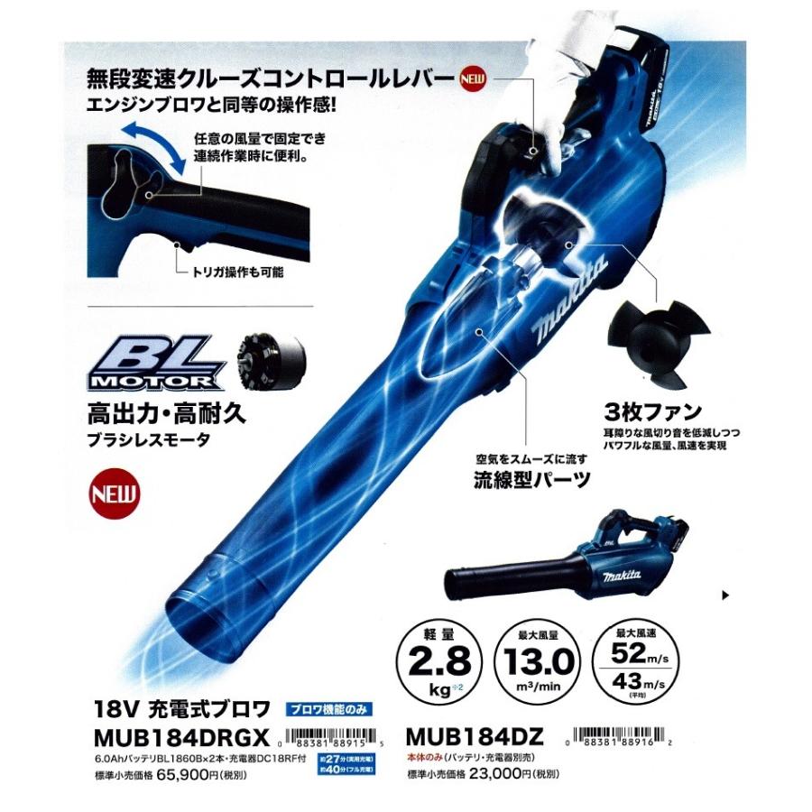 新品 未使用) マキタ 充電式ブロワ MUB184DRGX バッテリBL1860B (6.0Ah 