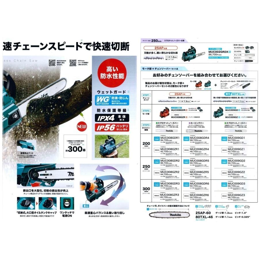 makita マキタ  40Vmax 充電式チェンソー 25AP仕様 スプロケットノーズバー 300mm  MUC008GZR3(MUC008GZR+M300A)  ※本体のみの画像