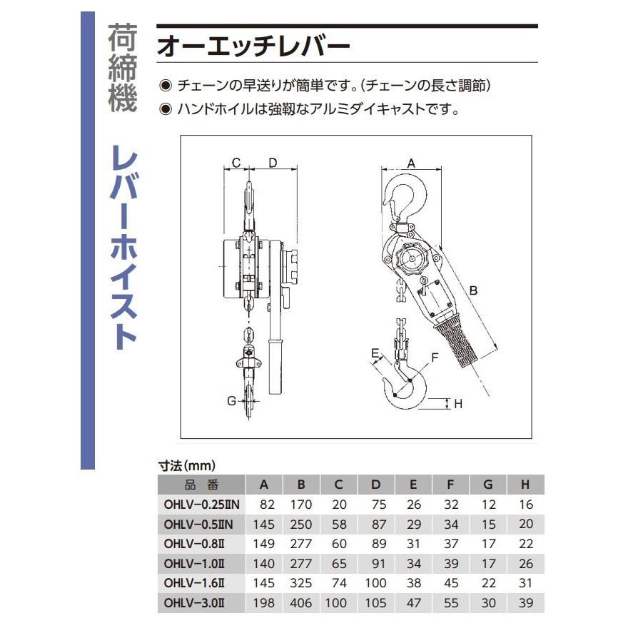 OH オーエッチレバーホイスト OHLV-0.5-2N 定格荷重0.5トン 標準揚程 