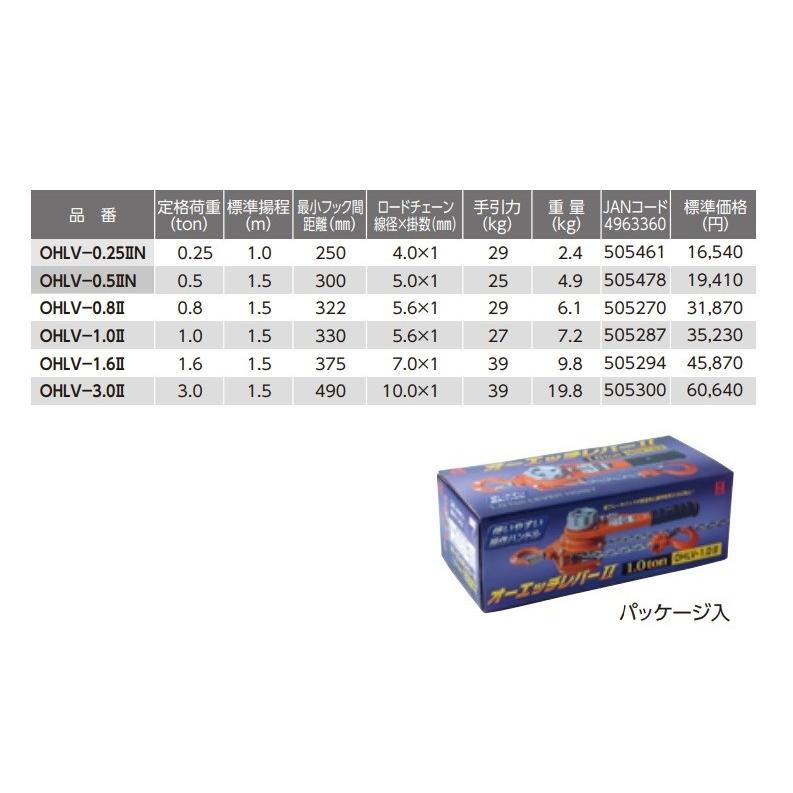 OH オーエッチ レバーホイスト OHLV-1.0II 定格荷重1.0トン 標準揚程 