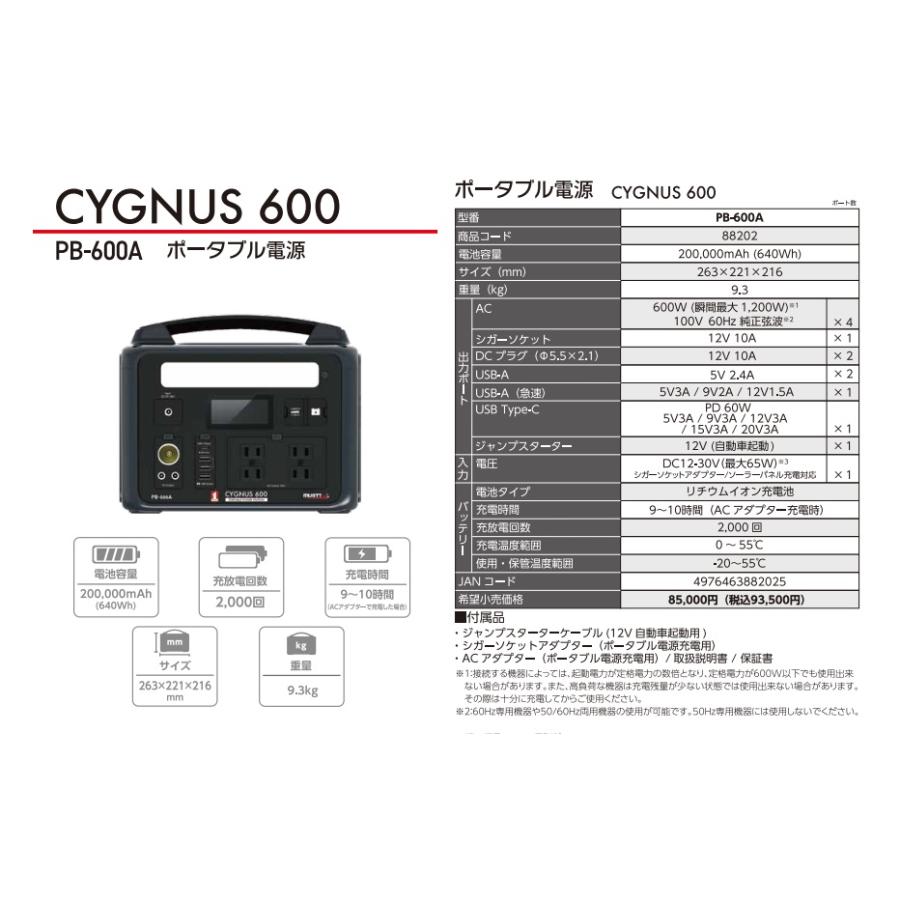 マストツール ポータブル電源  シグナス600  PB-600A  640Wh  [88202]  イチネンアクセス  CYGNUS MUSTTOOL｜handskotera｜03