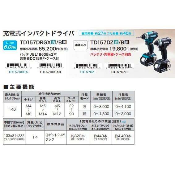 makita マキタ  18V充電式インパクトドライバ　140N・m　TD157DZ（青）/ TD155DZB（黒）　本体のみ　※バッテリ・充電器・ケース別売｜handskotera｜04