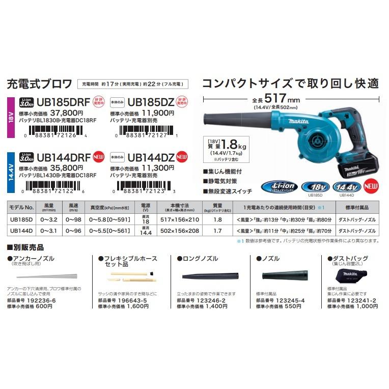 マキタ 14.4V 充電式ブロワ UB144DZ+充電器(DC18RF)[USB端子付]+