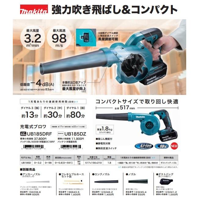 Makita - マキタ充電式ブロワ UB 185DRF 18V マキタ UB185DRF 18V充電式ブロワ ウエダ金物【公式サイト】