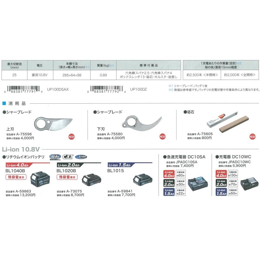 マキタ makita 10.8V充電式せん定ハサミ UP100DSAX 2.0Ah