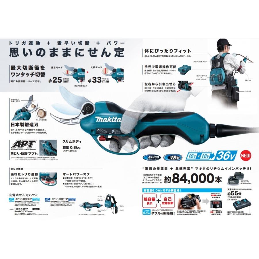 makita マキタ  充電式剪定ハサミ UP361DPG2 6.0Ah バッテリBL1860BX2本・急速充電器DC18RD付の画像