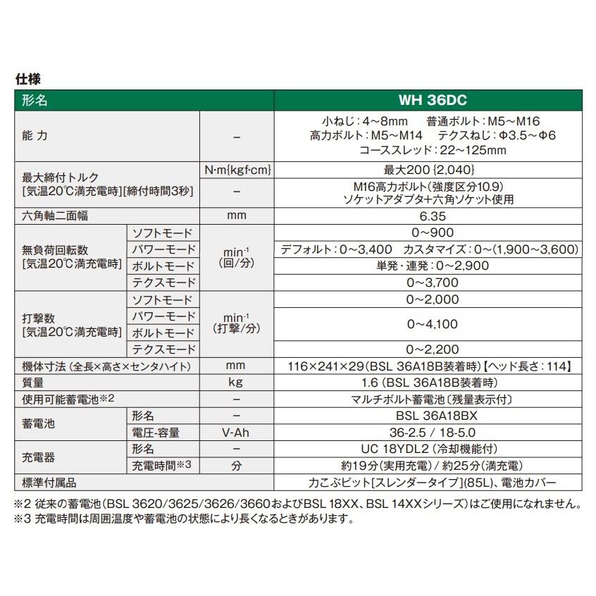 数量限定特価  HiKOKI 工機  コードレスインパクトドライバ  MV(36V)  WH36DC(2XPSZ)   Bluetooth/A蓄電池2個＋充電器＋ケース+ビット付の画像