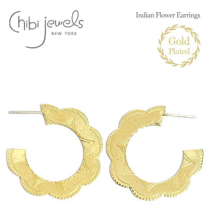chibi jewels チビジュエルズ ネイティブ ライン デザイン 花 フラワー プレート フープ ピアス 14金仕上げ Native Flower Hoop Earrings Gold Plated