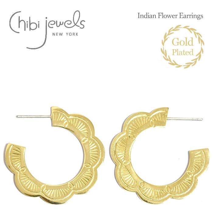 chibi jewels チビジュエルズ ネイティブ ライン デザイン 花 フラワー プレート フープ ピアス 14金仕上げ Native Flower Hoop Earrings Gold Plated