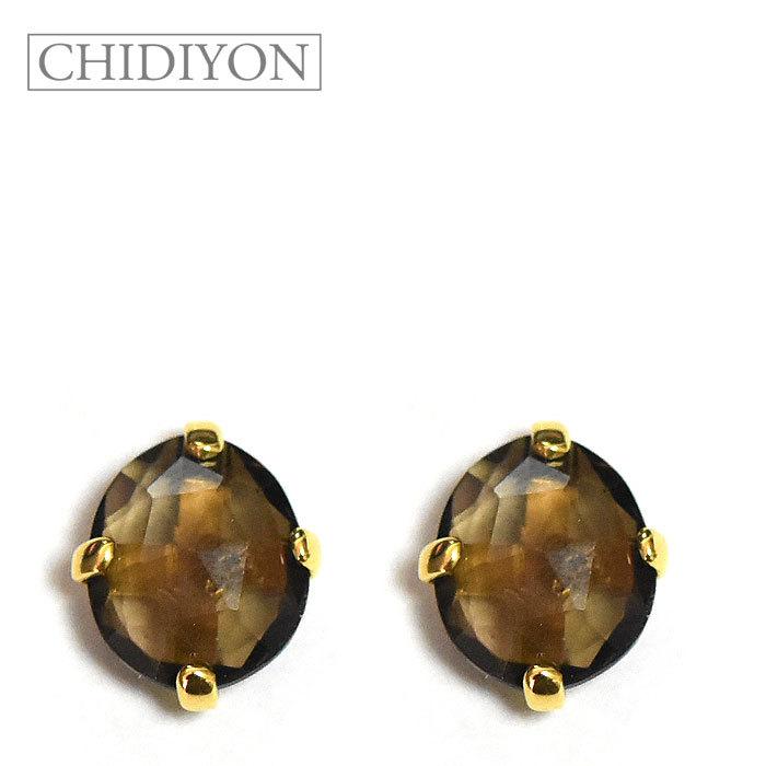 ★ CHIDIYON チディヨン 天然石 カッティング オーバル スモーキートパーズ ゴールド 4本爪 スタッズ ピアス Smoky Topaz