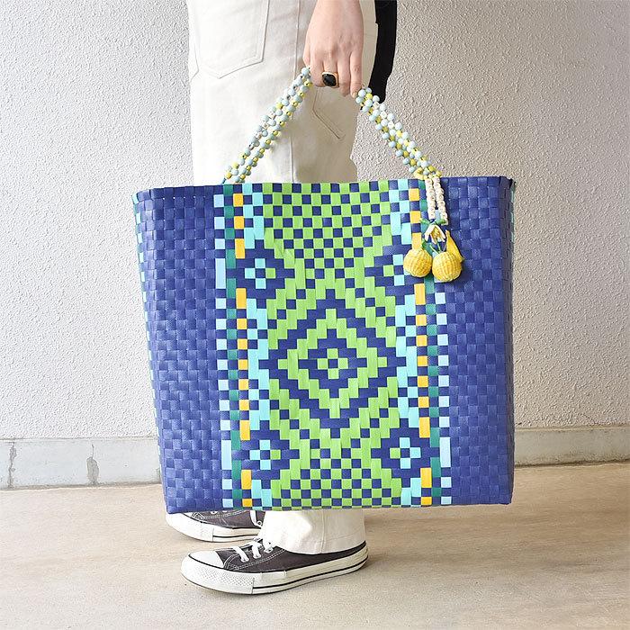 MERCEDES SALAZAR メルセデス サラザール メルカド バッグ オルテガ マルシェ リブレラ Lサイズ ブルー EYE OF THE TIGER HANDBAG_4