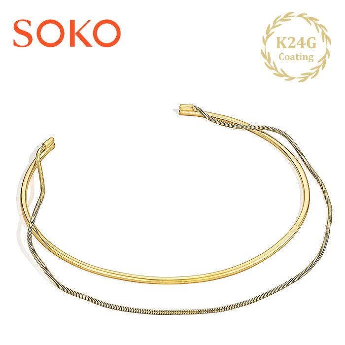 ≪SOKO≫ ソコ 2連 レイヤード スネークチェーン ネックカフ ラウンド チョーカー ネックレス 24金 ゴールドコーティング NYOKA Layered Choker (Gold)の画像