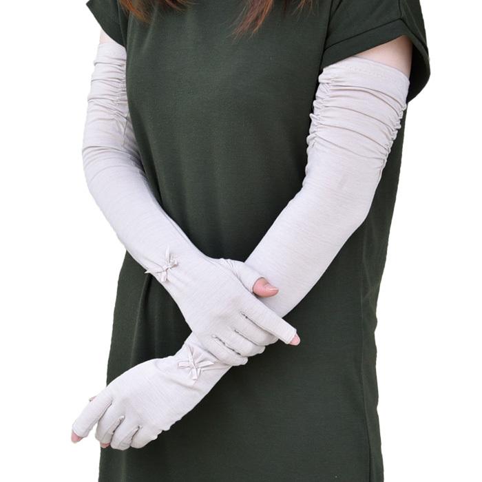 手袋 UV手袋 ロング 指切り 大豆繊維 冷感 レディース 無地 リボン すべり止め 選べるギャザーあり・なし /メール便送料無料 UVカット 母の日 |  | 02