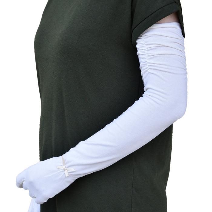 手袋 UV手袋 ロング 指切り 大豆繊維 冷感 レディース 無地 リボン すべり止め 選べるギャザーあり・なし /メール便送料無料 UVカット 母の日 |  | 04