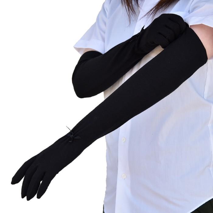 手袋 UV手袋 アームカバー レディース ロング 五指 無地 リボン大豆繊維 すべり止め付き 横ゴム ギャザー付き メール便送料無料 UVカット 冷感 UVケア 母の日 |  | 05