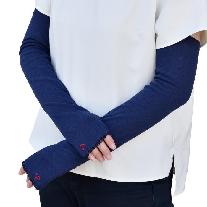 手袋 UV手袋 ロング 指なし 綿・麻 コットンリネン レディース 無地 イカリ刺繍 /メール便送料無料 UVカット UVケア おしゃれ 母の日 プレゼント |  | 02
