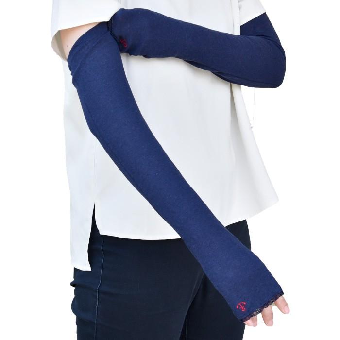 手袋 UV手袋 ロング 指なし 綿・麻 コットンリネン レディース 無地 イカリ刺繍 /メール便送料無料 UVカット UVケア おしゃれ 母の日 プレゼント |  | 03