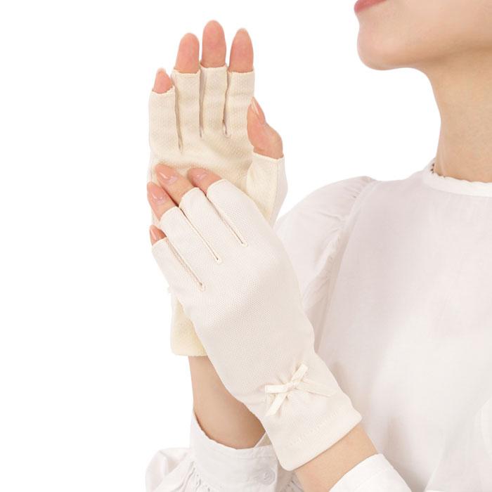 手袋 UV手袋 ショート 五指・指切り 選べるデザイン 吸汗速乾 レディース 無地 リボン すべり止め /メール便送料無料 UVカット UVケア 母の日 |  | 07