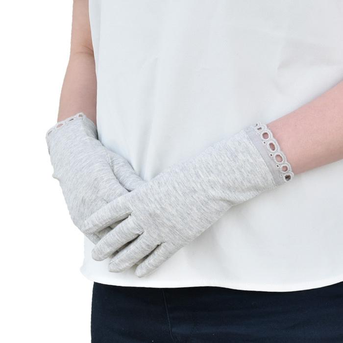 手袋 UV手袋 ショート 五指 大豆繊維 冷感 レディース 無地 杢無地 裾レース すべり止め付き  /メール便送料無料 UVカット UVケア おしゃれ |  | 05