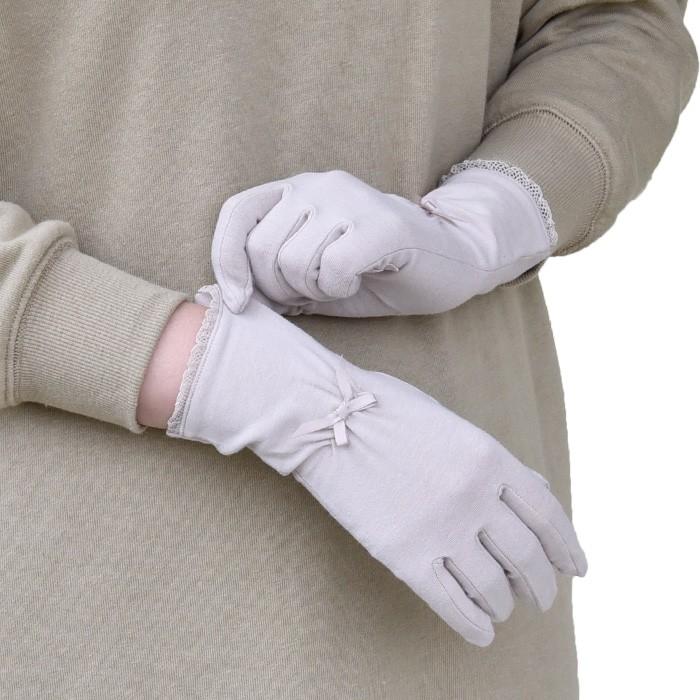 手袋 UV手袋 ショート 五指 大豆繊維 冷感 レディース  無地 レース リボン すべり止め付き /メール便送料無料 UVカット UVケア おしゃれ 母の日 |  | 01