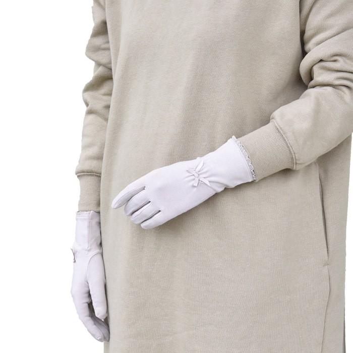 手袋 UV手袋 ショート 五指 大豆繊維 冷感 レディース  無地 レース リボン すべり止め付き /メール便送料無料 UVカット UVケア おしゃれ 母の日 |  | 02