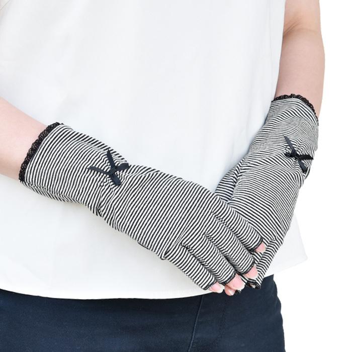 手袋 UV手袋 ショート 指切り 大豆繊維 冷感 レディースボーダー レース リボン すべり止め付き /メール便送料無料 UVカット UVケア おしゃれ |  | 05