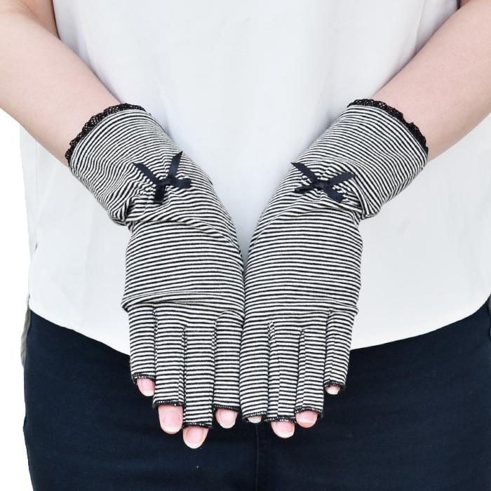 手袋 UV手袋 ショート 指切り 大豆繊維 冷感 レディースボーダー レース リボン すべり止め付き /メール便送料無料 UVカット UVケア おしゃれ |  | 06