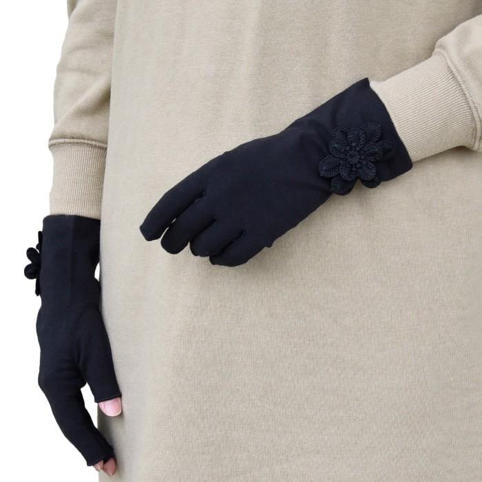 手袋 UV手袋 ショート 指切り 大豆繊維 冷感 レディース無地 花コサージュ すべり止め付き /メール便送料無料 UVカット UVケア おしゃれ 母の日 |  | 05