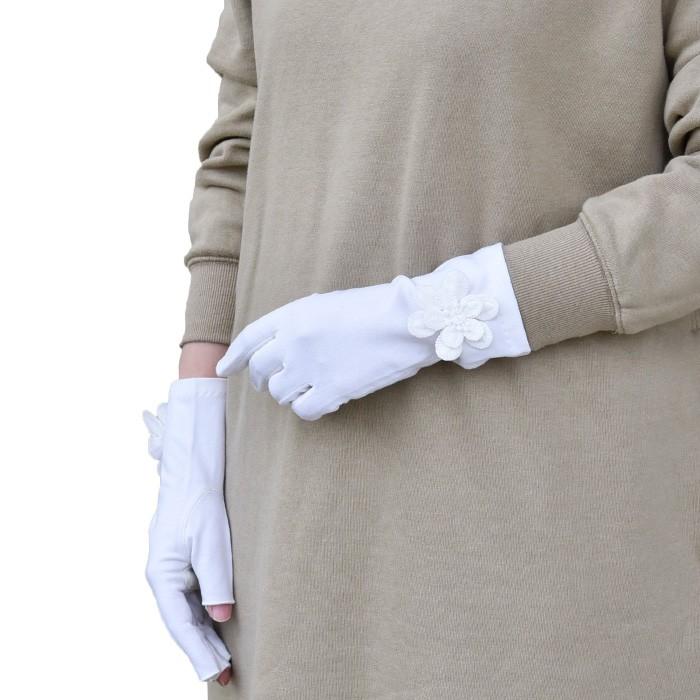 手袋 UV手袋 ショート 指切り 大豆繊維 冷感 レディース無地 花コサージュ すべり止め付き /メール便送料無料 UVカット UVケア おしゃれ 母の日 |  | 08