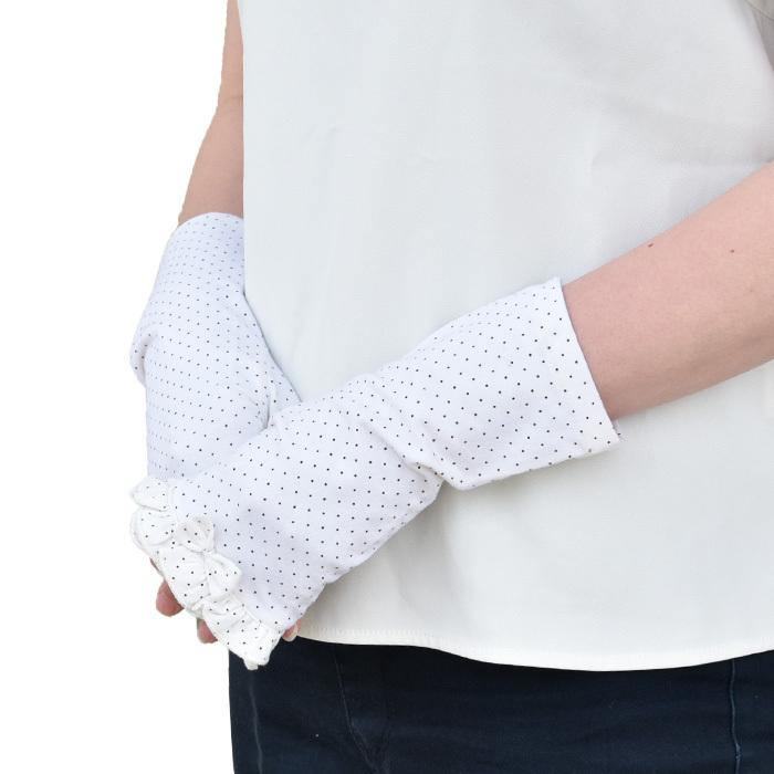 手袋 UV手袋 ショート 指無し 大豆繊維 冷感 レディース 水玉 フリル すべり止め付き /メール便送料無料 UVカット UVケア おしゃれ 母の日 |  | 06