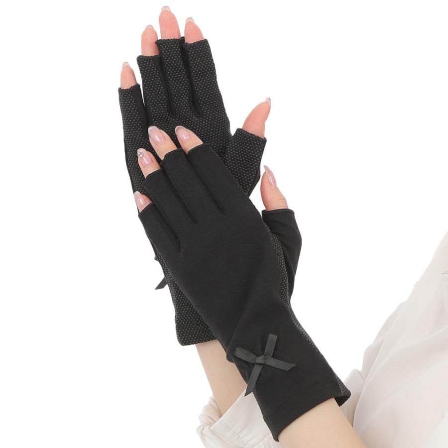 手袋 UV手袋 ショート コットン 綿 レディース 春夏用 五指・指切り 無地 リボン 全面すべり止め付き /メール便送料無料 UVカット UVケア |  | 10